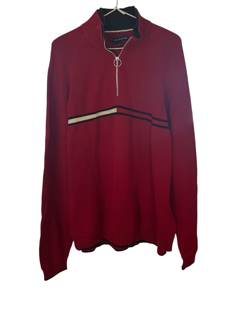 Vintage Tommy Hilfiger Men’s Red Quarter-Zip Cotton & Wool Sweater